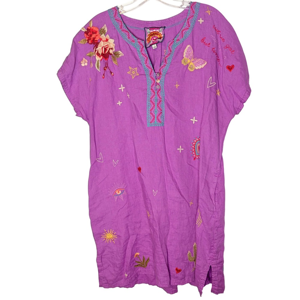 Johnny Was Embroidered Linen Dress Medium Boho Purple Celestial Floral Pockets